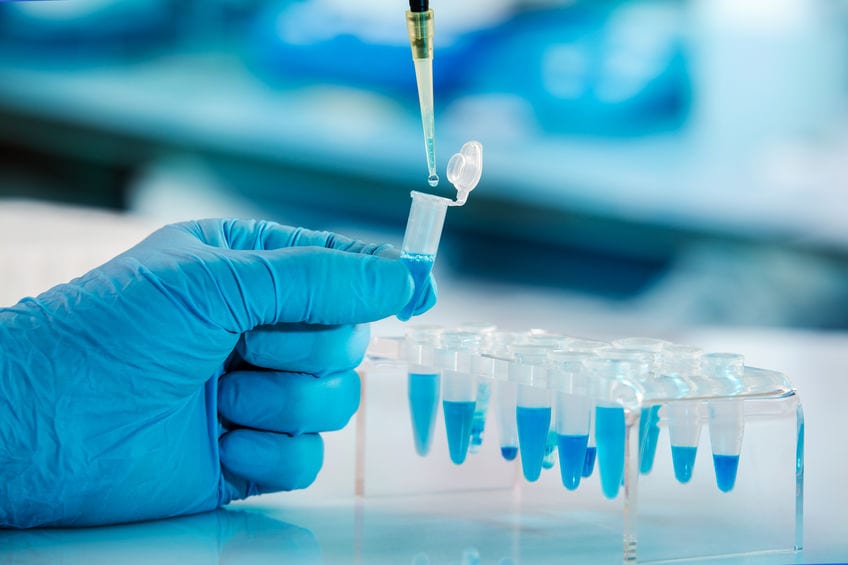 hand of Chemical engineer pipetting sample in tube pcr in the re